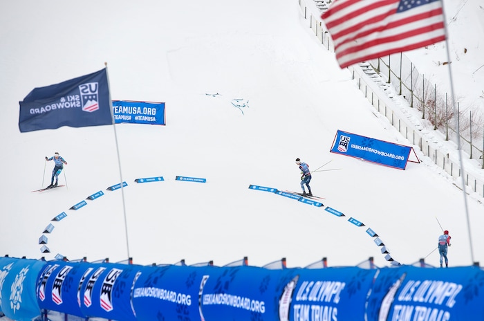 (Scott Sommerdorf   |  The Salt Lake Tribune)   
Nordic Combined racers out on the course as Bryan Fletcher won the Nordic Combined Olympic Trials in Park City, Saturday, December 30, 2017.