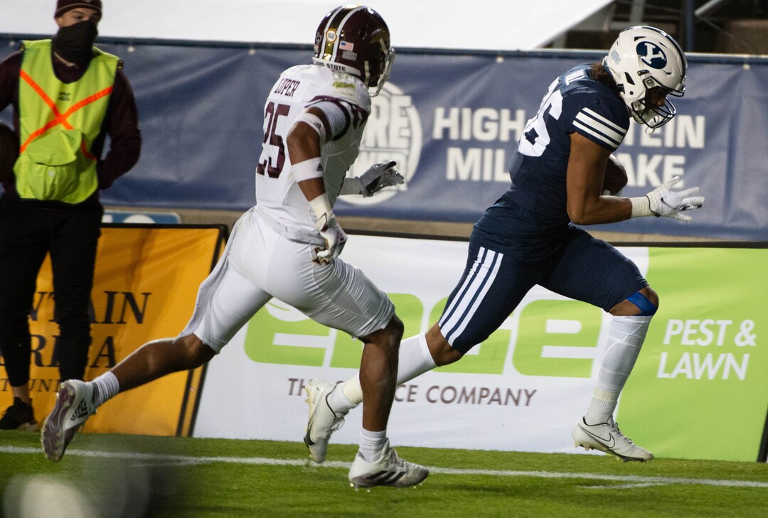 (Francisco Kjolseth  |  The Salt Lake Tribune) Texas State Bobcats safety Brendon Luper (25) chases down Brigham Young Cougars wide receiver Keanu Hill (86) on his way to a second touchdown by BYU during an NCAA college football game at LavVell Edwards Stadium, Saturday, oct. 24, 2020, in Provo, Utah.