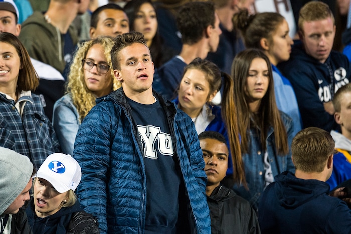 (Chris Detrick  |  The Salt Lake Tribune)  Brigham Young Cougars fans watch during the game LaVell Edwards Stadium Friday, October 6, 2017. Boise State Broncos defeated Brigham Young Cougars 24-7.