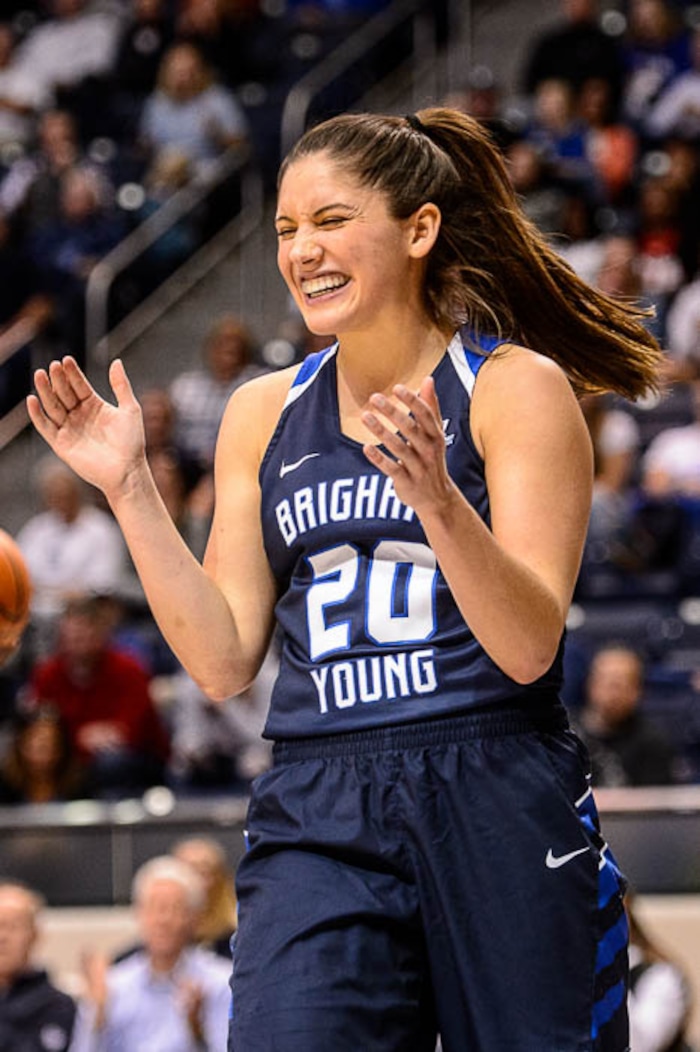 (Trent Nelson | The Salt Lake Tribune)  Brigham Young Cougars guard Cassie Broadhead Devashraye (20) celebrates a call as BYU hosts Utah, NCAA women's basketball in Provo, Saturday December 9, 2017.