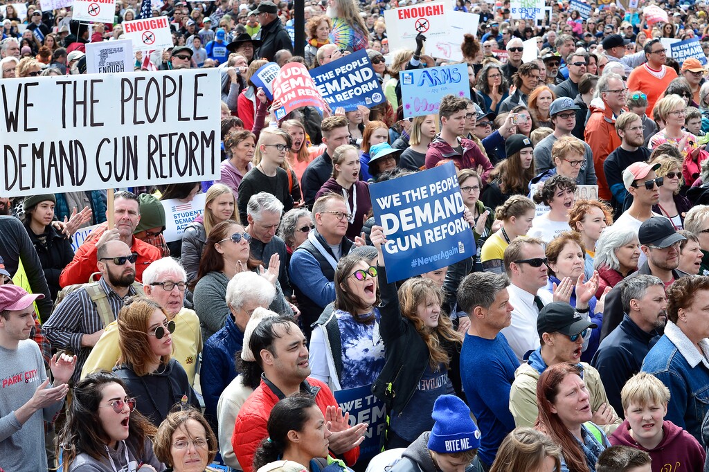 (Scott Sommerdorf | The Salt Lake Tribune) Part of the huge crowd on the south lawn of the Utah State Capitol for the "For Our lives" rally, Saturday, March 24, 2018.