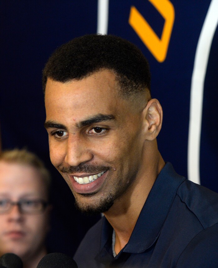 Al Hartmann | The Salt Lake Tribune
Thabo Sefolosha, just signed by the Jazz meets the media for the first time in Salt Lake City Tuesday July 18.