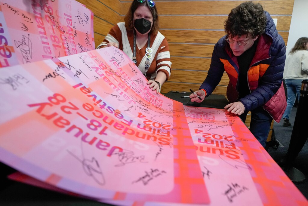 (Francisco Kjolseth  |  The Salt Lake Tribune) Jesse Eisenberg signs posters after winning for Screenwriting in the U.S. Dramatic competition for “A Real Pain” during the Sundance Film Festival Awards Ceremony in Park City, on Friday, Jan. 26, 2024.