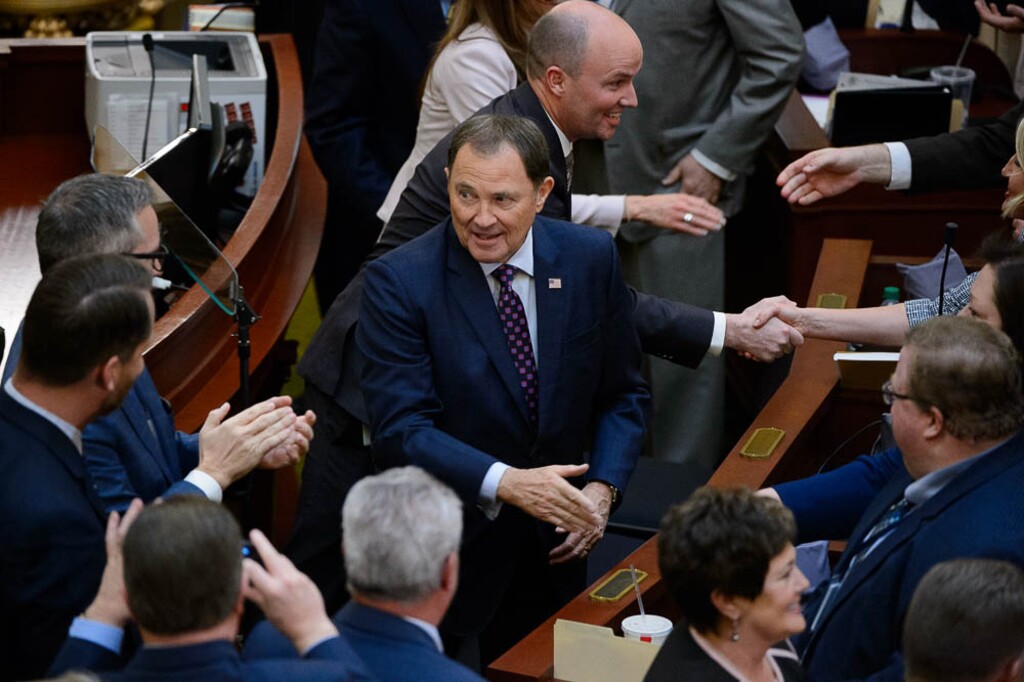 (Trent Nelson | The Salt Lake Tribune)  Governor Gary Herbert shakes hands with lawmakers after delivering his State of the State address at the Utah Capitol in Salt Lake City on Wednesday Jan. 30, 2019. Behind Herbert is Lt. Gov. Spencer Cox.