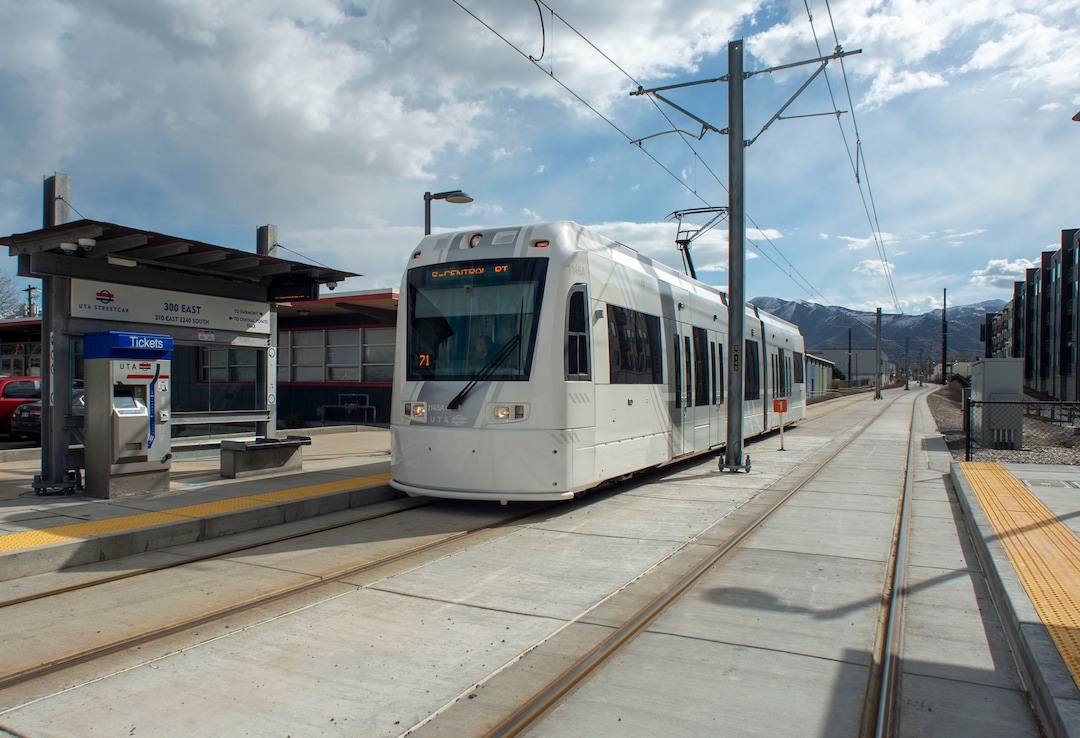 (Rick Egan  |  The Salt Lake Tribune)      The S-Line Sugar House Streetcar makes it's way down the new double-track rail line, Friday, April 5, 2019.