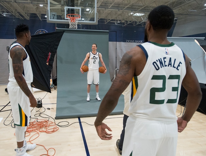 (Rick Egan  |  The Salt Lake Tribune) Utah Jazz center Eric Griffin, and Royce O'Neale, joke with Joe Ingles, as he poses for a photo, during the Utah Jazz media day, at the Zions Bank Basketball Center, Monday, September 25, 2017.