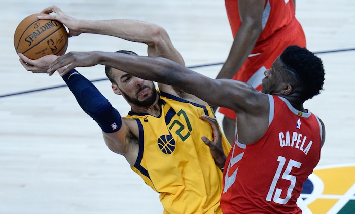 (Francisco Kjolseth | The Salt Lake Tribune) Utah Jazz center Rudy Gobert (27) battles Houston Rockets center Clint Capela (15) in the fourth period in Game 4 of the NBA playoffs at the Vivint Smart Home Arena Sunday, May 6, 2018 in Salt Lake City. Houston took a 3-1 series lead over the Jazz with a final score of 100 to 87.
