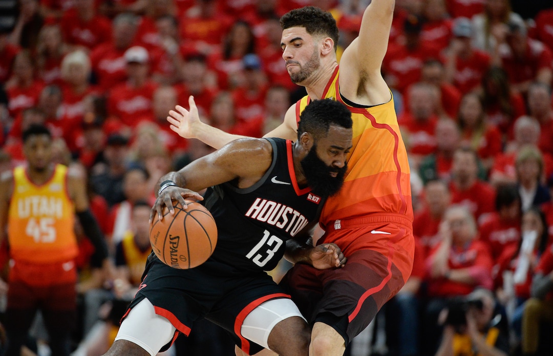 (Francisco Kjolseth  |  The Salt Lake Tribune)  Houston Rockets guard James Harden (13) tries to push past Utah Jazz forward Georges Niang (31) in Game 3 of a first-round NBA basketball playoff series in Salt Lake City, Saturday, April 20, 2019.