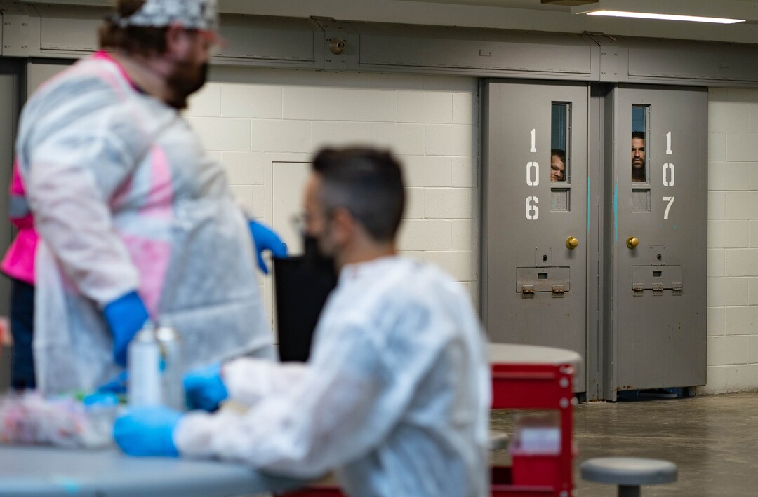 (Francisco Kjolseth | The Salt Lake Tribune) Incoming inmates at the Utah State Prison in Draper wait their turn to receive the COVID-19 vaccination on Tuesday, July 27, 2021, from Nomi Health staff.