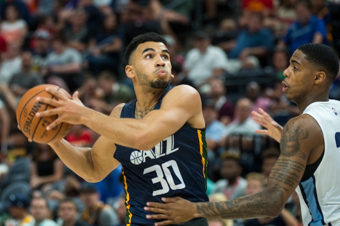 (Rick Egan  |  The Salt Lake Tribune)      Utah Jazz guard Naz Mitrou-Long (30), takes the ball to the hoop, in Utah Jazz summer league action between Utah Jazz and Memphis Grizzlies in Salt Lake City, Tuesday, July 3, 2018.