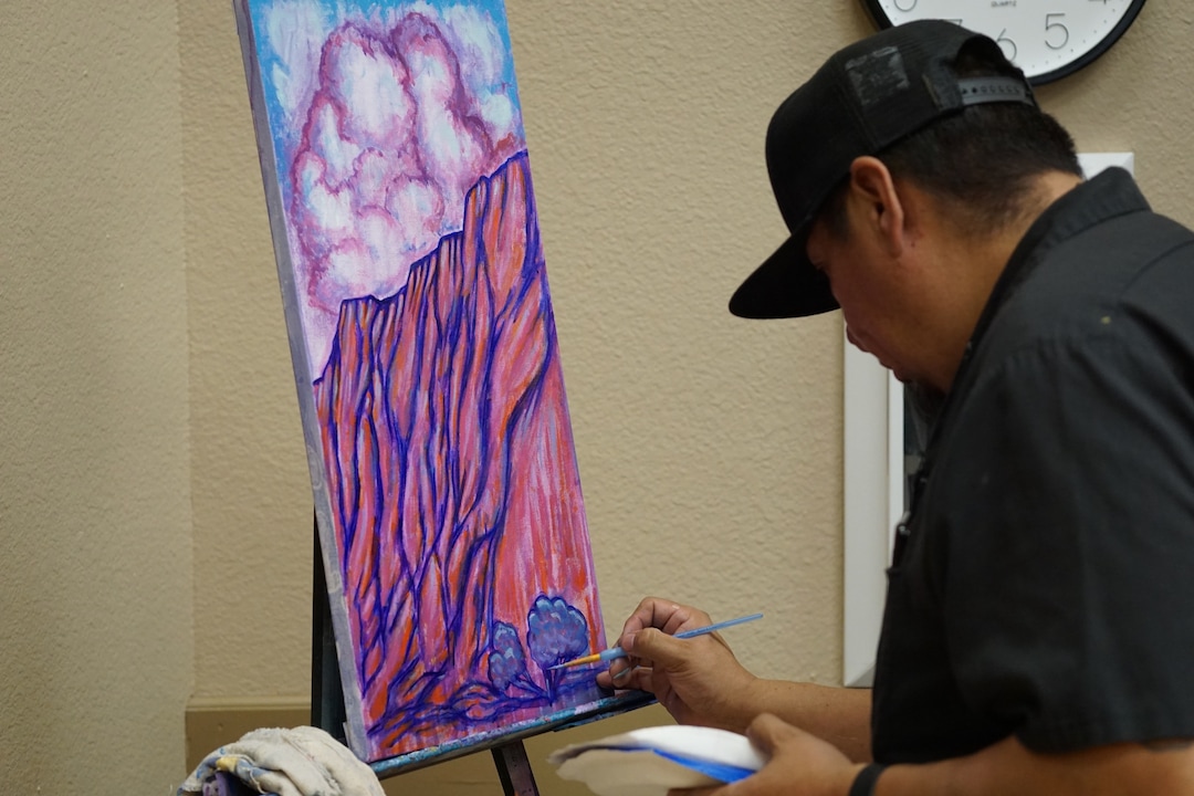 (Zak Podmore | The Salt Lake Tribune) Diné (Navajo) painter Jerrel Singer creates a live art piece entitled "Rumble on the Mesa" in Bluff, Utah, on Sept. 28, 2019.