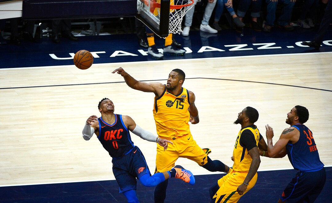 (Scott Sommerdorf | The Salt Lake Tribune)Utah Jazz forward Derrick Favors (15) blocks Oklahoma City Thunder guard Russell Westbrook (0) shot during second half play. The Utah Jazz defeated the Oklahoma City Thunder 96-91 to win the first round playoff series, Friday, April 27, 2018.