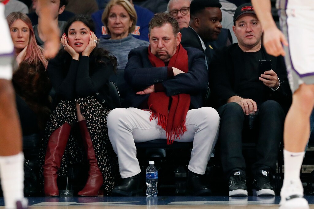 Executive chairman and Madison Square Garden CEO James Dolan watches during the first half of an NBA basketball game between the New York Knicks and the Sacramento Kings in New York, Sunday, Nov. 3, 2019. (AP Photo/Kathy Willens)