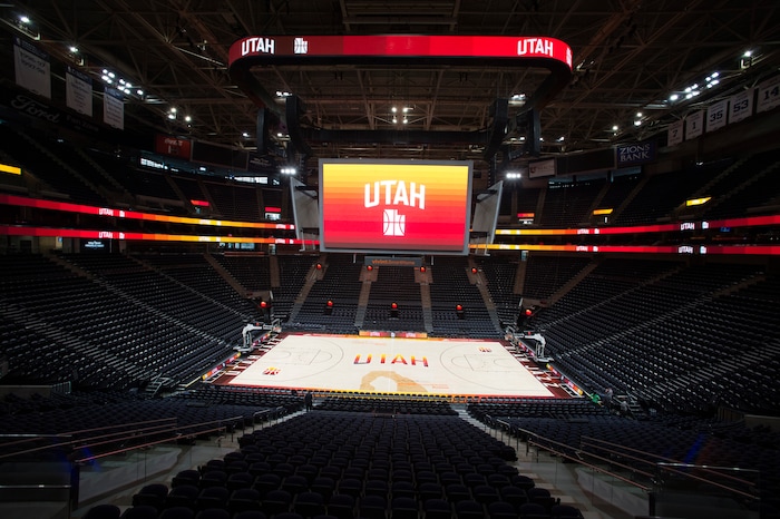 (Rick Egan  |  The Salt Lake Tribune)    The Utah Jazz will play on their new City edition court with their City Edition Uniforms, Tuesday night. Monday, January 29, 2018.