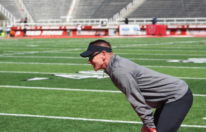 (Christopher Kamrani | The Salt Lake Tribune) Utah associate head coach Gary Andersen looks on as his side, the Red team, looks to score in Utah's Red-White game Saturday afternoon at Rice-Eccles Stadium.