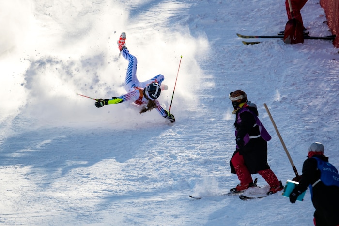 (Chris Detrick  |  The Salt Lake Tribune)  USA's Patricia Mangan crashes while competing in the Ladies' Giant Slalom at Yongpyong Alpine Centre during the Pyeongchang 2018 Winter Olympics Thursday, Feb. 15, 2018.  