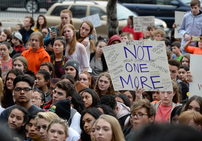 (Francisco Kjolseth  |  The Salt Lake Tribune)  West High School students listen to fellow students demand for gun reform and school safety after walking out of classes in Salt Lake, during a student walkout on Wed. March 14, 2018. Students in Utah and around the country planned the large-scale coordinated demonstration to protest gun violence and memorialize victims of last month's mass shooting at Marjory Stoneman Douglas High School in Parkland, Fla.
