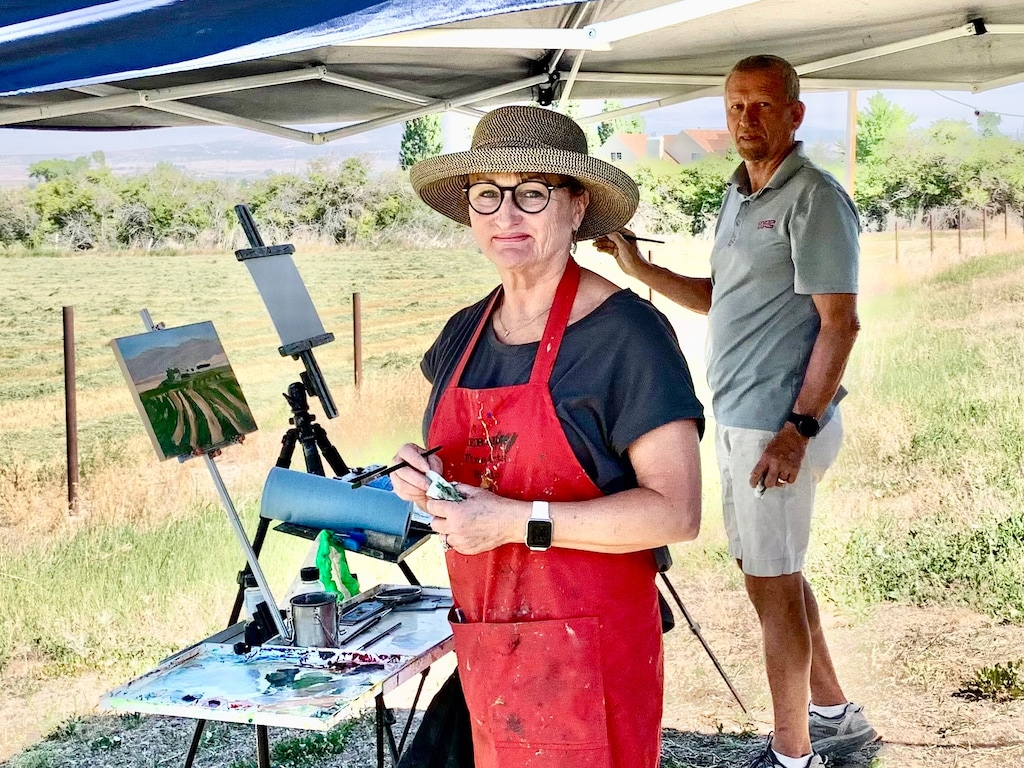 (Bonnie Hooper) Married painters Bonnie and Gary Hooper, from Centerville, Utah, do some plein air work in Spring City, Utah, in 2013. The Hoopers each took up painting after retirement.