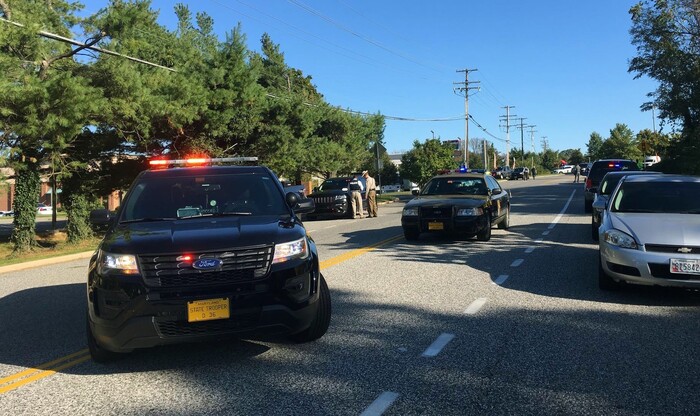 Police and Emergency Medical Services respond to a shooting at a business park in the Edgewood area of Harford County, Md., Wednesday, Oct. 18, 2017. (Matt Button/The Baltimore Sun via AP)