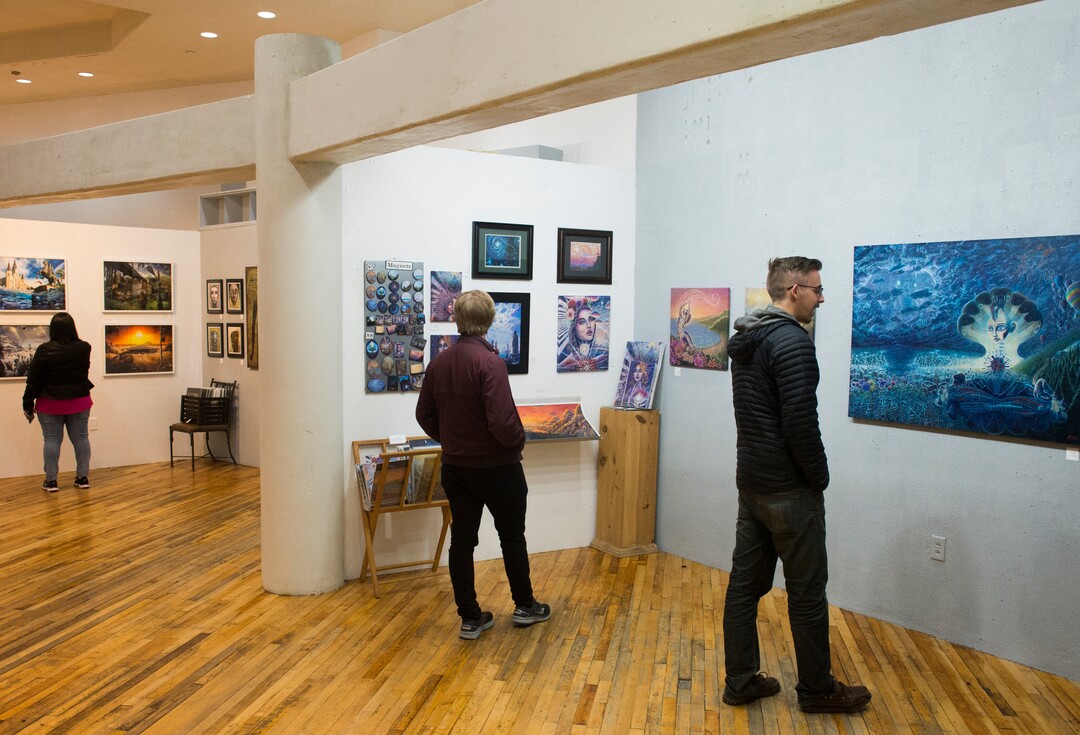 (Rick Egan  |  The Salt Lake Tribune)      Participants of the monthly gallery stroll, check out the art at the Urban Arts Gallery, on Rio Grande Street, Friday, Nov. 16, 2018.