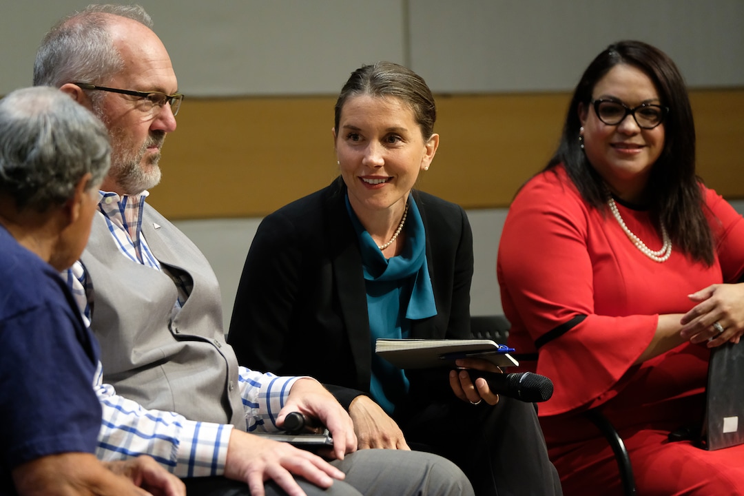(Francisco Kjolseth  |  The Salt Lake Tribune)  All eight of the candidates for Salt Lake City mayor gather for a debate at the Salt Lake City Library on Wed. June 26, 2019, which includes in part, from left, Richard Goldberger, Stan Penfold, Erin Mendenhall and Luz Escamilla as they speak with one another before talking about the issues. The debate was hosted by the ABU Education Fund and the University of UtahÕs John R. Park Debate Society and moderated by Averie Vockel.