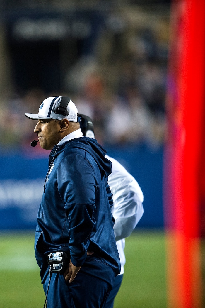 (Chris Detrick  |  The Salt Lake Tribune)  Brigham Young Cougars head coach Kalani Sitake watches during the game LaVell Edwards Stadium Friday, October 6, 2017. Boise State Broncos defeated Brigham Young Cougars 24-7.