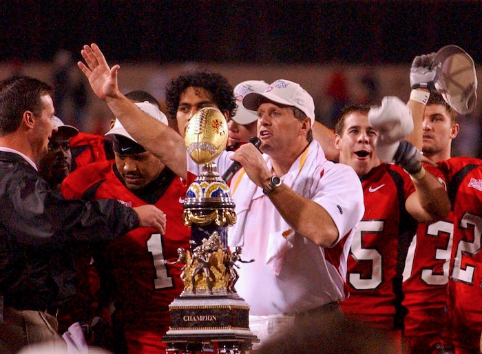 (Rick Egan | The Salt Lake Tribune) Kyle Whittingham speaks to the crowd after the Utes won the Fiesta Bowl against Pittsburgh in Tempe, Ariz., Jan. 1, 2005.