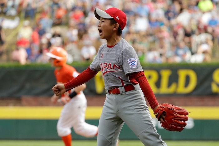 Japan's Tsubasa Tomii celebrates after getting Lufkin, Texas' Chandler Spencer out in the fifth inning of the Little League World Series Championship baseball game, Sunday, Aug. 27, 2017, in South Williamsport, Pa. (AP Photo/Matt Slocum)