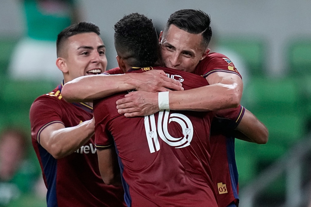 Real Salt Lake forward Rubio Rubin, right, hugs Maikel Chang (16) as Rubin celebrates his goal against Austin FC during the second half of an MLS soccer match in Austin, Texas, Saturday, June 3, 2023. (AP Photo/Eric Gay)