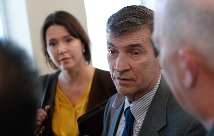 (Francisco Kjolseth  |  The Salt Lake Tribune)  Defense attorney's Greg and Rebecca Skordas discuss their clients case, former Brighton High and University of Southern California linebacker Osa Masina who had just been sentenced for sexual battery at the Matheson Courthouse in Salt Lake City on Tuesday, Dec. 5, 2017. Masina was sentenced to 365 days in jail, followed by two years on probation and won't be required to register as a sex offender.