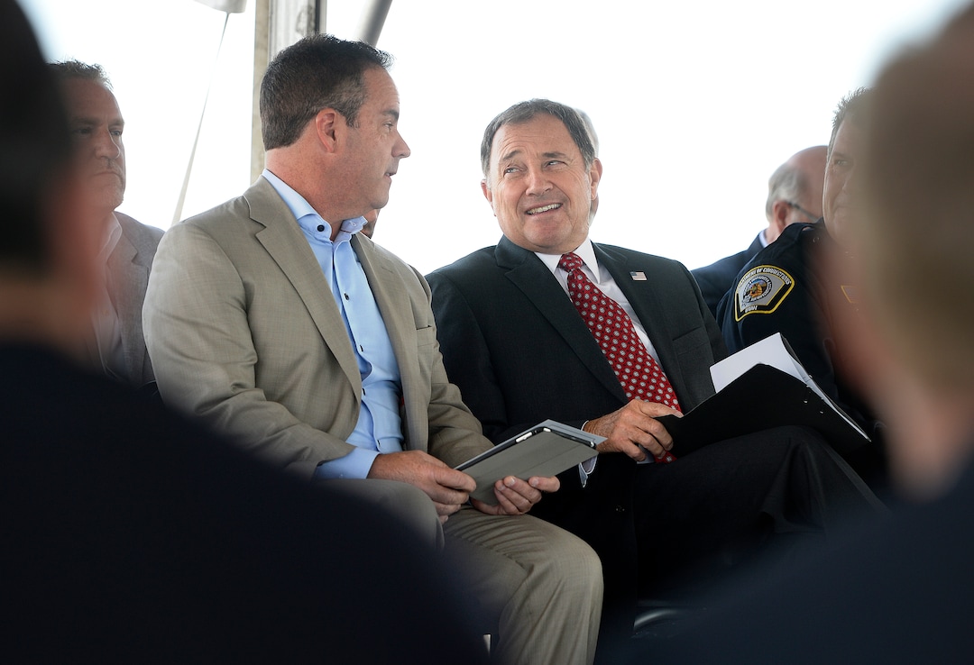 (Scott Sommerdorf   |  The Salt Lake Tribune)   Goverbor Herbert turns to say something to Rep. Brad Wilson, R-Layton, left, as they attend the groundbreaking ceremony for the new prison, Wednesday, August 16, 2017. 