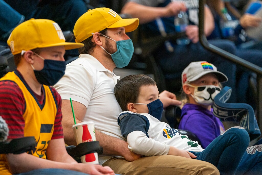 (Rick Egan | The Salt Lake Tribune) Jazz fans wear masks as they watch NBA action between the Utah Jazz and the Dallas Mavericks at Vivint Arena, on Friday, Jan. 29, 2021. 