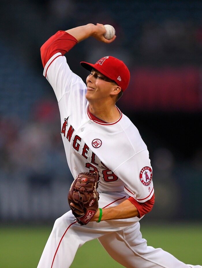 Los Angeles Angels starting pitcher Troy Scribner during the first inning of a baseball game against the Oakland Athletics, Tuesday, Aug. 29, 2017, in Anaheim, Calif. (AP Photo/Mark J. Terrill)