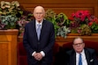 (Trent Nelson  |  The Salt Lake Tribune) Dallin H. Oaks sings the hymn "We Thank Thee, O God, for a Prophet" at General Conference in October. Apostle Jeffrey R. Holland, at his right, died Dec. 27, 2025.