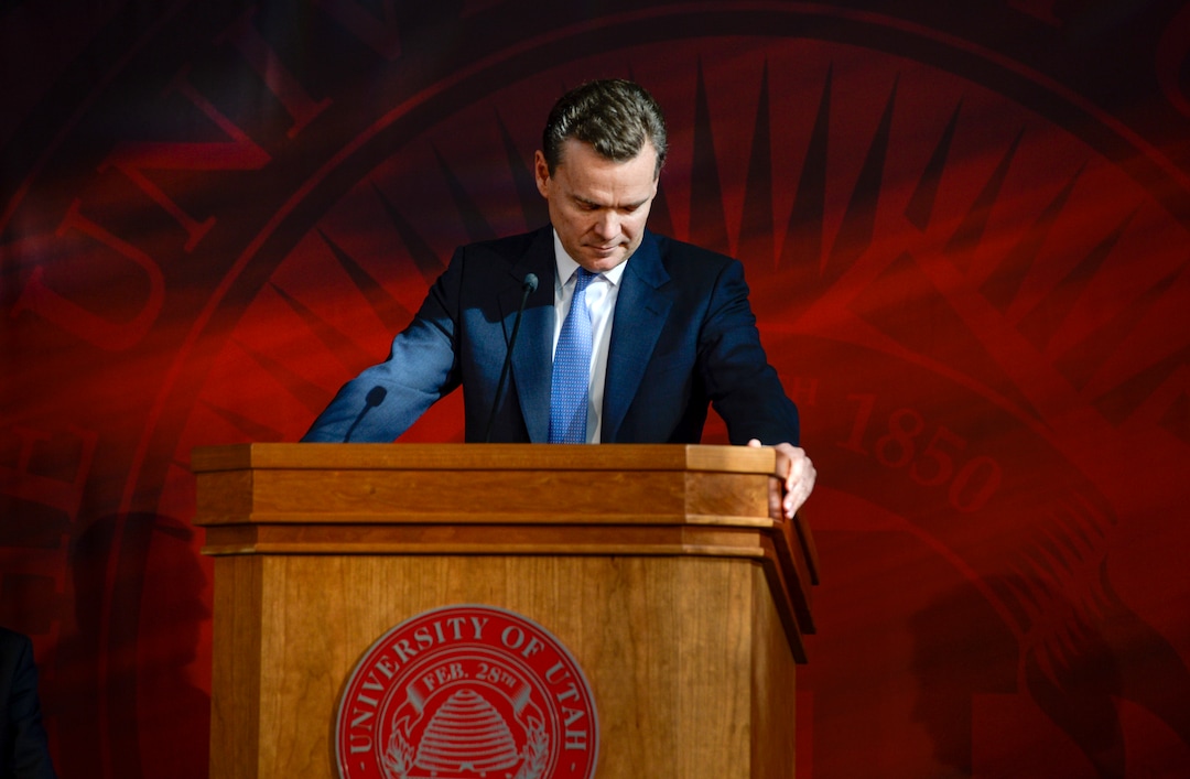 (Leah Hogsten  |  The Salt Lake Tribune) Peter R. Huntsman pauses as he talks about how mental health affects everyone during an announcement that the Huntsman family gave a $150 million gift from the Jon M. Huntsman family to establish the Huntsman Mental Health Institute to bolster the existing University Neuropsychiatric Institute and psychiatry department Nov. 4, 2019.