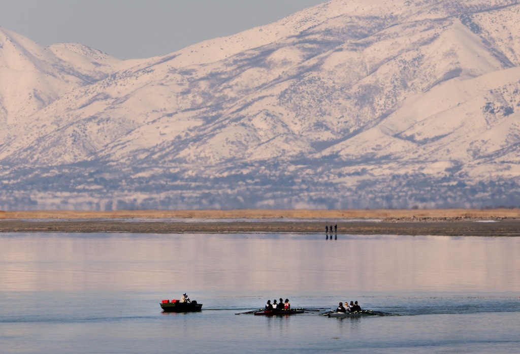 (Leah Hogsten | The Salt Lake Tribune) Rowers work out on the Great Salt Lake on Thursday, April 6, 2023.