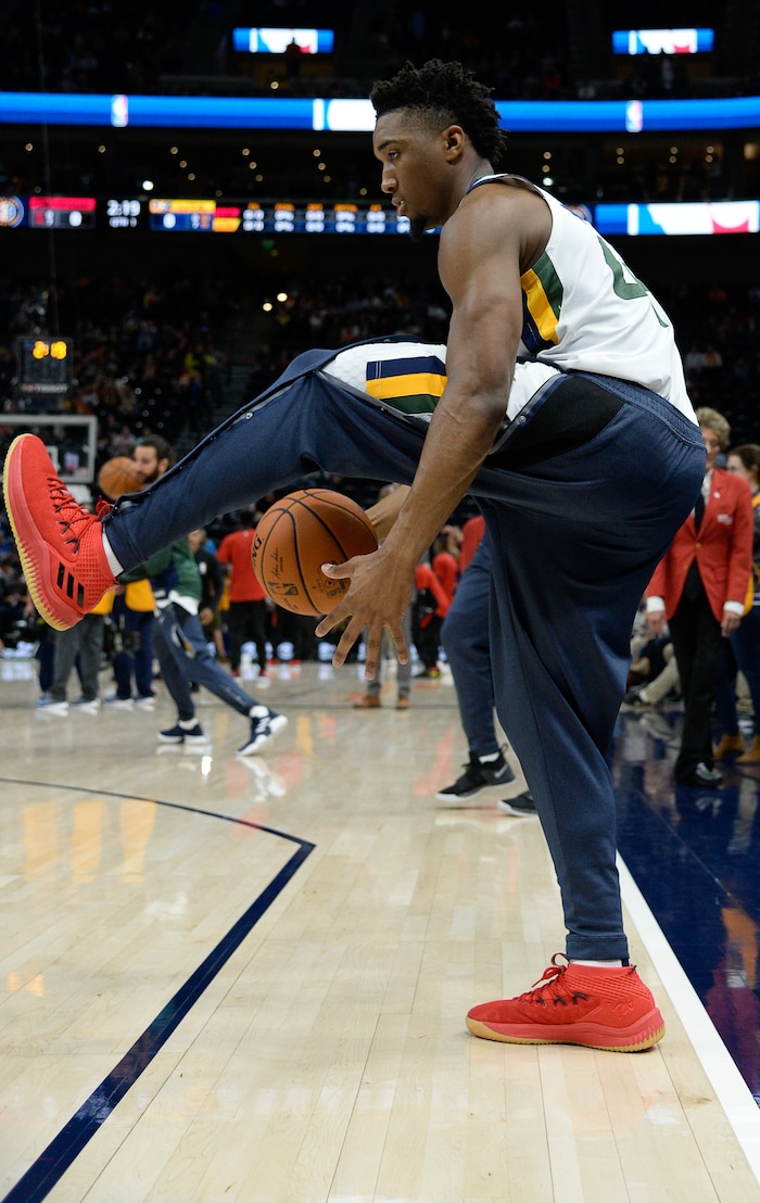 (Francisco Kjolseth  |  The Salt Lake Tribune)  Utah Jazz guard Donovan Mitchell (45) warms up with the team before their game against the Toronto Raptors in their preseason NBA game at Vivint Smart Home Arena Tuesday, Oct. 2, 2018, in Salt Lake City.