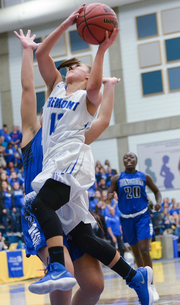 (Leah Hogsten  |  The Salt Lake Tribune) Fremont's Karlie Valdez (11) . Fremont defeated Bingham 61-47 to win the 6A High School Girls' Basketball Tournament title at SLCC in Taylorsville,Saturday, Feb. 24, 2018. 