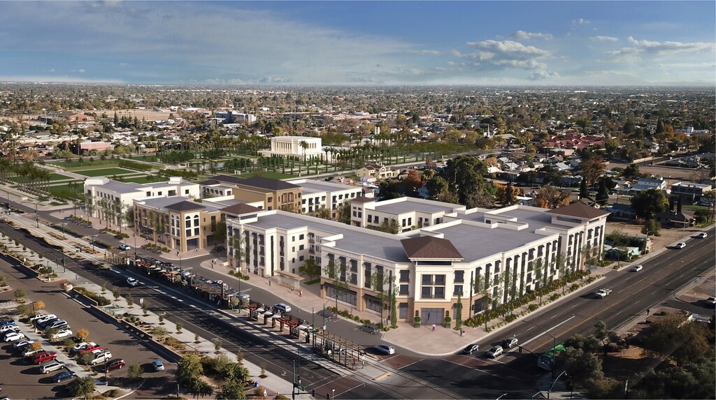 (Courtesy Intellectual Reserve Inc.) Plans have been announced to redevelop 4.5 acres of land near the Mesa Arizona Temple. This rendering offers a southeast view of the mixed-use community.