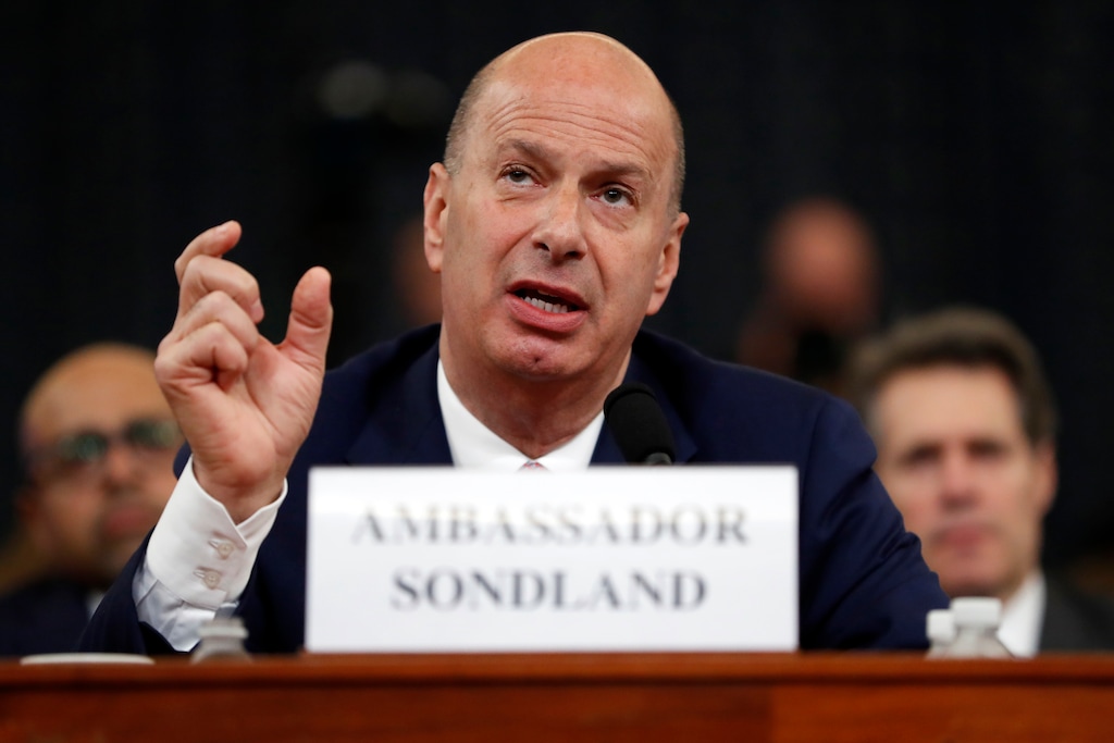 (Andrew Harnik | AP file photo) In this Wednesday, Nov. 20, 2019, file photo, U.S. Ambassador to the European Union Gordon Sondland testifies before the House Intelligence Committee on Capitol Hill in Washington, during a public impeachment hearing of President Donald Trump's efforts to tie U.S. aid for Ukraine to investigations of his political opponents. President Donald Trump has ousted Sondland, who gave damaging testimony in an impeachment inquiry.