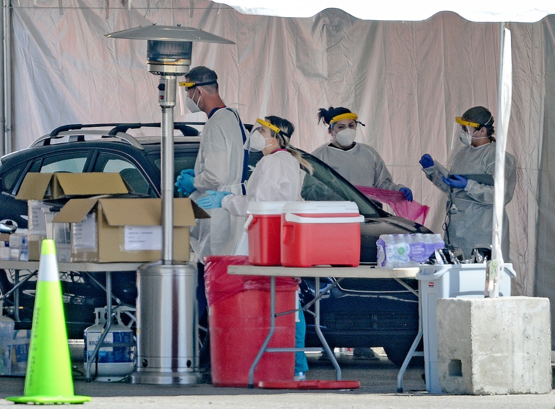 (Francisco Kjolseth | The Salt Lake Tribune) Testing for COVID-19 is performed at the Wasatch County Event Center in Heber City on Wednesday, April 22, 2020, under one of the TestUtah.com contracts the state has with Nomi Health.