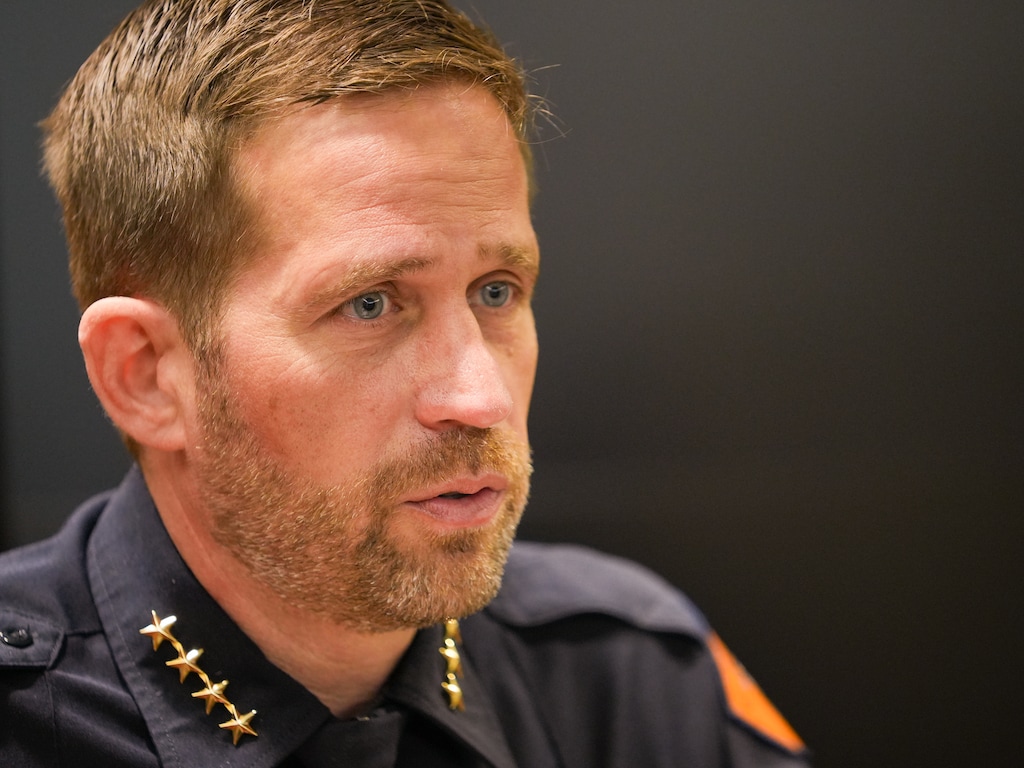 (Chris Samuels | The Salt Lake Tribune) Salt Lake City Police Chief Brian Redd gives an update Sunday, June 15, 2025, on the deadly shooting at a "No Kings" march the day before.