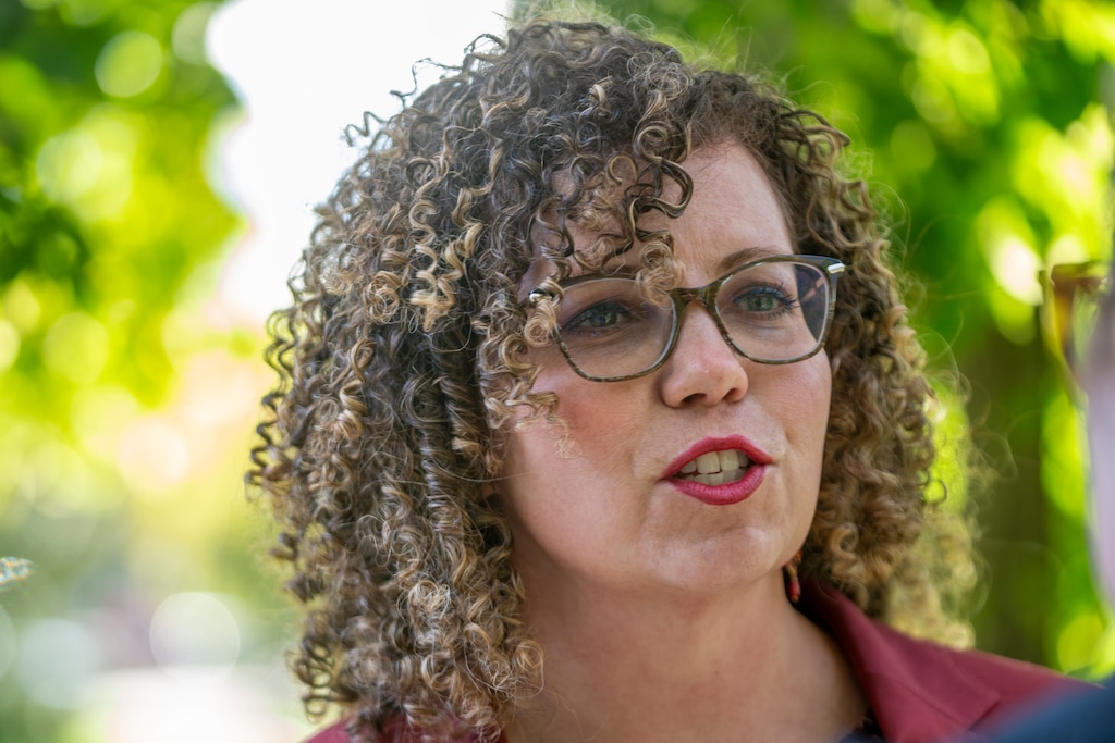 (Rick Egan | The Salt Lake Tribune) Celeste Maloy talks to the media before the Turning Point event Glen Smith Spectrum Arena, in Logan on Tuesday, Sept. 30, 2025.