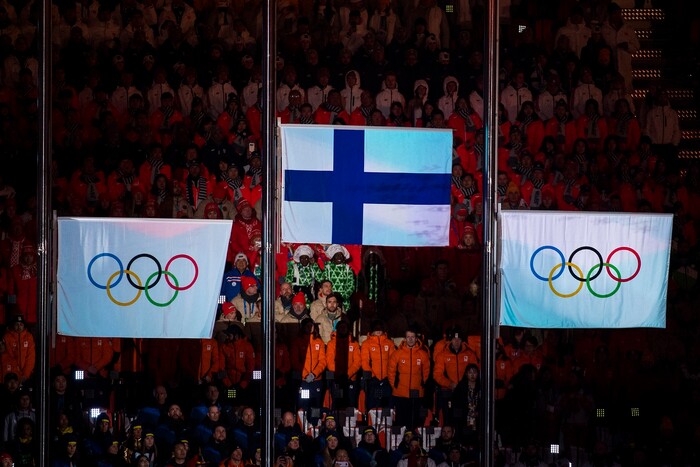 (Chris Detrick | The Salt Lake Tribune) The flags for Olympic Athletes from Russia and Finland are raised for the winners of the Men's 50km Mass Start Classic during the PyeongChang 2018 Olympic Winter Games Closing Ceremony at Olympic Stadium Sunday, Feb. 25, 2018.