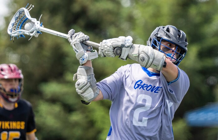 (Rick Egan | The Salt Lake Tribune) Lane Berg (2) takes a shot for Pleasant Grove, in the Division C championship game between the Viewmont Vikings and the Pleasant Grove Vikings, in Layton, on Saturday, May 29, 2021.