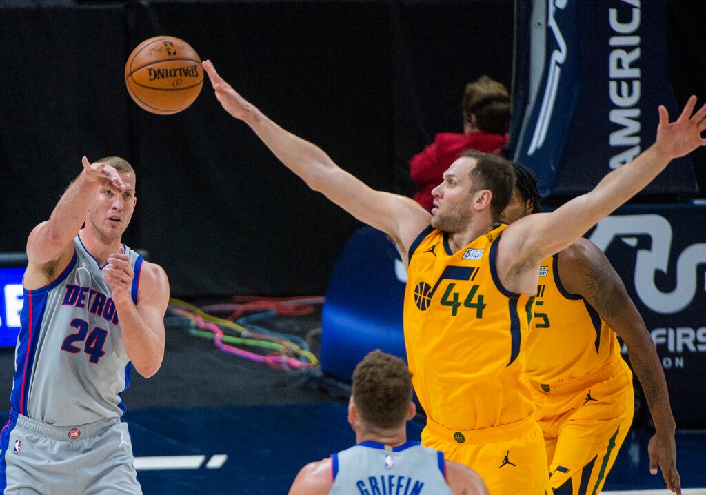 (Rick Egan | The Salt Lake Tribune) Utah Jazz forward Bojan Bogdanovic (44) tries to block a pass by Detroit Pistons center Mason Plumlee (24), in NBA action between the Utah Jazz and the Detroit Pistons at Vivint Arena, on Tuesday, Feb. 2, 2021.
