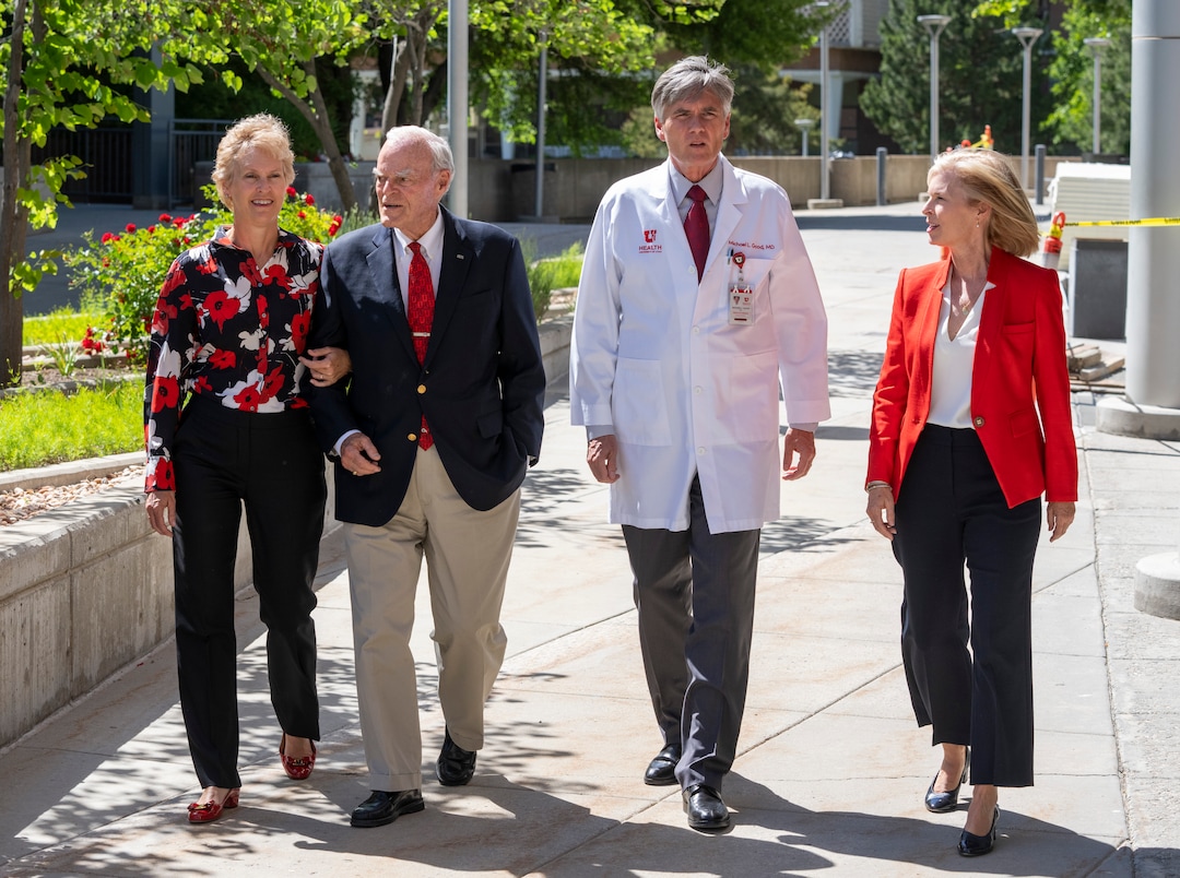 (Rick Egan | The Salt Lake Tribune) Katie Eccles walks with Spence Eccles,  Michael L. Good, MD, CEO, University of Utah Health Dean, University of Utah School of Medicine Senior Vice-President for Health Sciences, and Lisa Eccles, on the U of U Medical campus, where a donation in the name of Spence Eccles was announced, Tuesday, June 8, 2021.