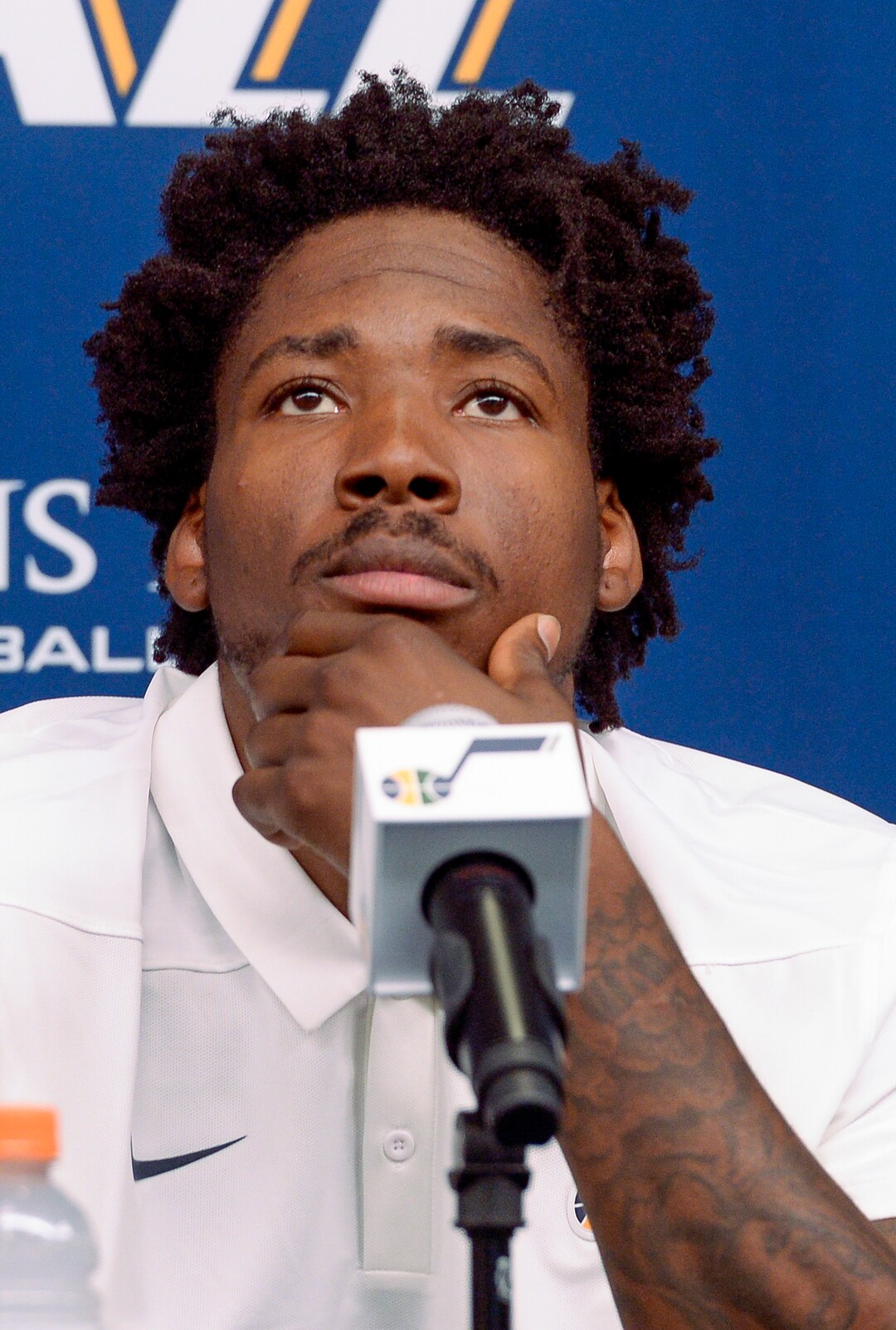(Leah Hogsten  |  The Salt Lake Tribune) The Utah JazzÕs newest member, forward/center Ed Davis, who was signed to the Utah Jazz on July 20, pauses during questioning from members of the media Friday, July 26, 2019 at the Jazz basketball facility.