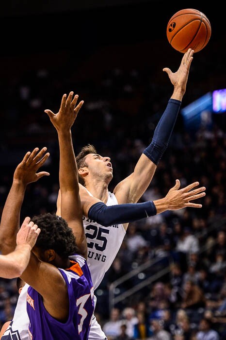 (Trent Nelson | The Salt Lake Tribune)  Brigham Young Cougars forward Gavin Baxter (25) as BYU hosts Northwestern State, NCAA basketball at the Marriott Center in Provo on Tuesday Nov. 13, 2018.