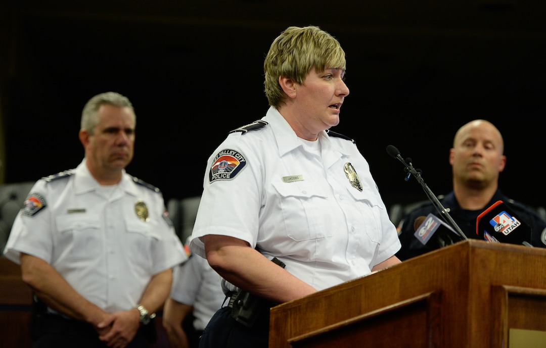 (Francisco Kjolseth  |  The Salt Lake Tribune)  West Valley Police Chief Colleen Jacobs  holds a press conference on Tuesday, Apr. 17, 2018, to release body cam footage of the fatal shooting of 20-year-old Elijah James Smith. On April 8, Smith was shot and killed by West Valley police officers who believed he matched the description of someone involved in a theft at a cellphone store.
